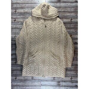 Aran Sweater Market 100% Wool knit Hooded Zip cardigan coat size L color beige